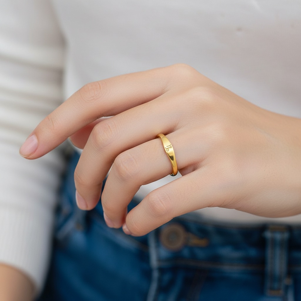Pozłacany 18K złotem pierścionek z subtelnym grawerem Znaku Zodiaku - Koziorożec - obrazek 2