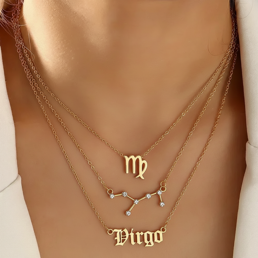 Zestaw 3 złotych naszyjników z gwiazdozbiorem Znak Zodiaku - Panna - obrazek 2
