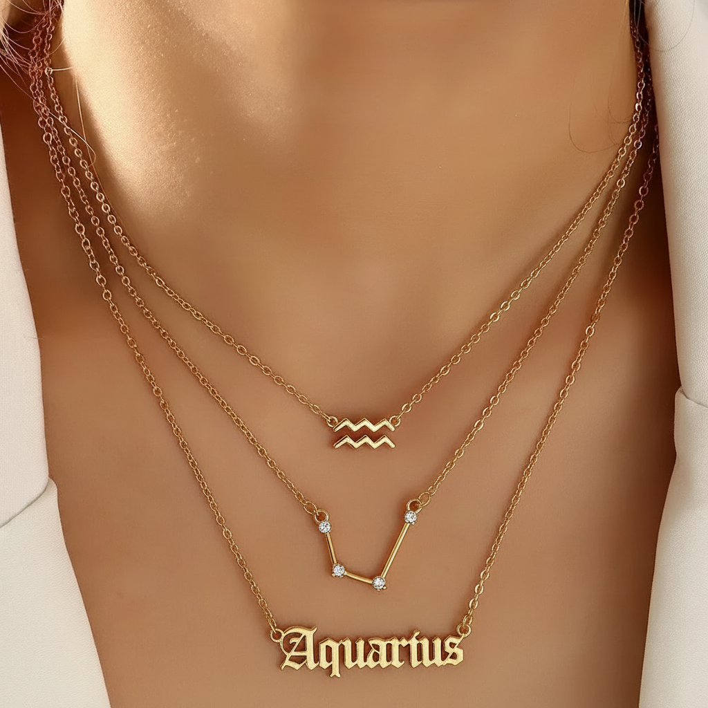 Zestaw 3 złotych naszyjników z gwiazdozbiorem Znak Zodiaku - Wodnik - obrazek 2